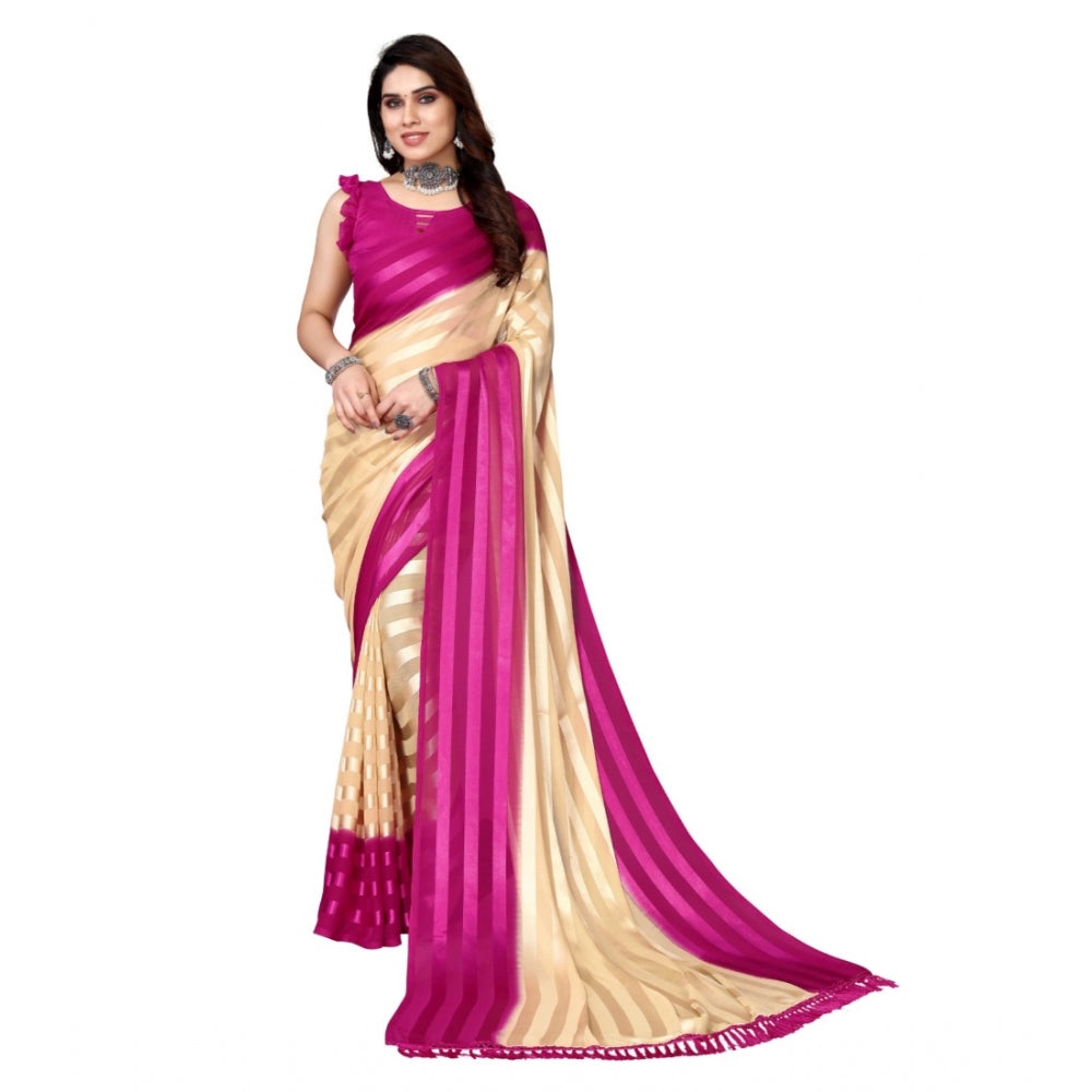 Generischer Bollywood-Satin-Sari mit Verzierung und Streifen und Bluse für Damen (Beige, Pink)