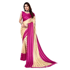 Generic Women's Embellished Striped Bollywood Satin Saree With Blouse (Beige, Pink)