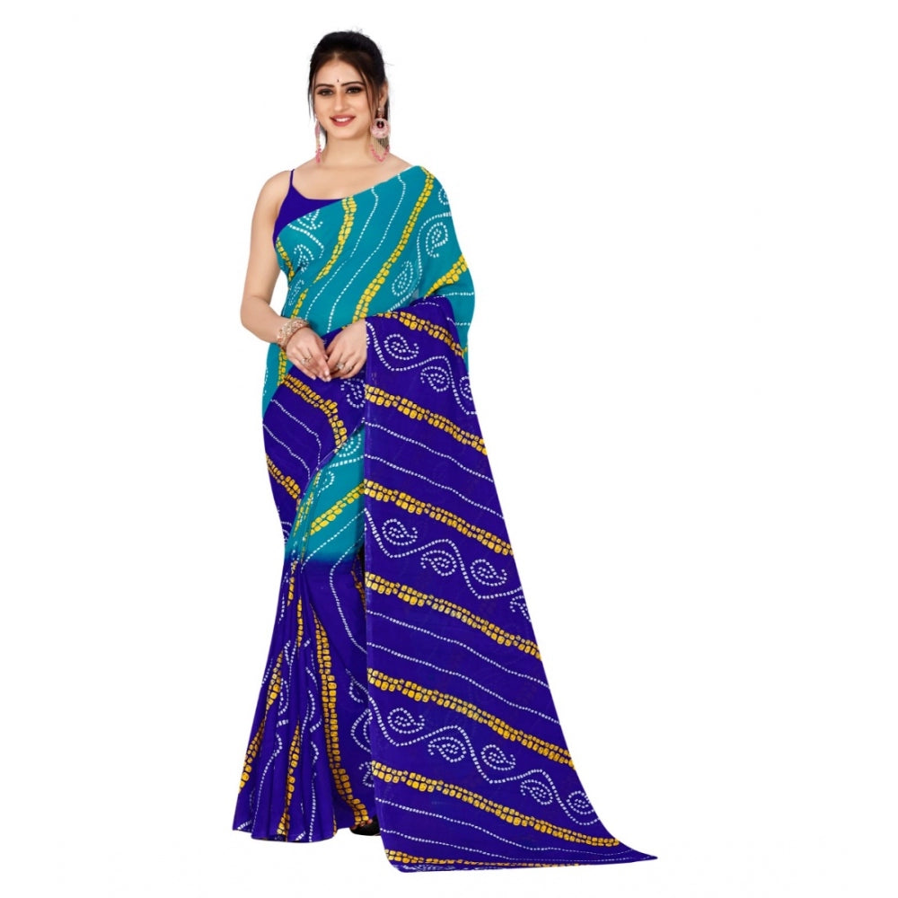 Generic Women's Poly Georgette Printed Saree Without Blouse (Sea Green, Royal Blue)