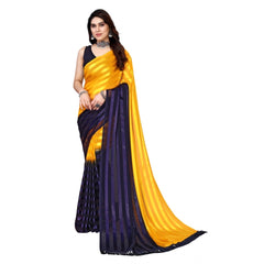 Generischer Bollywood-Satin-Sari mit Verzierung und Streifen und Bluse für Damen (Gelb, Dunkelblau)