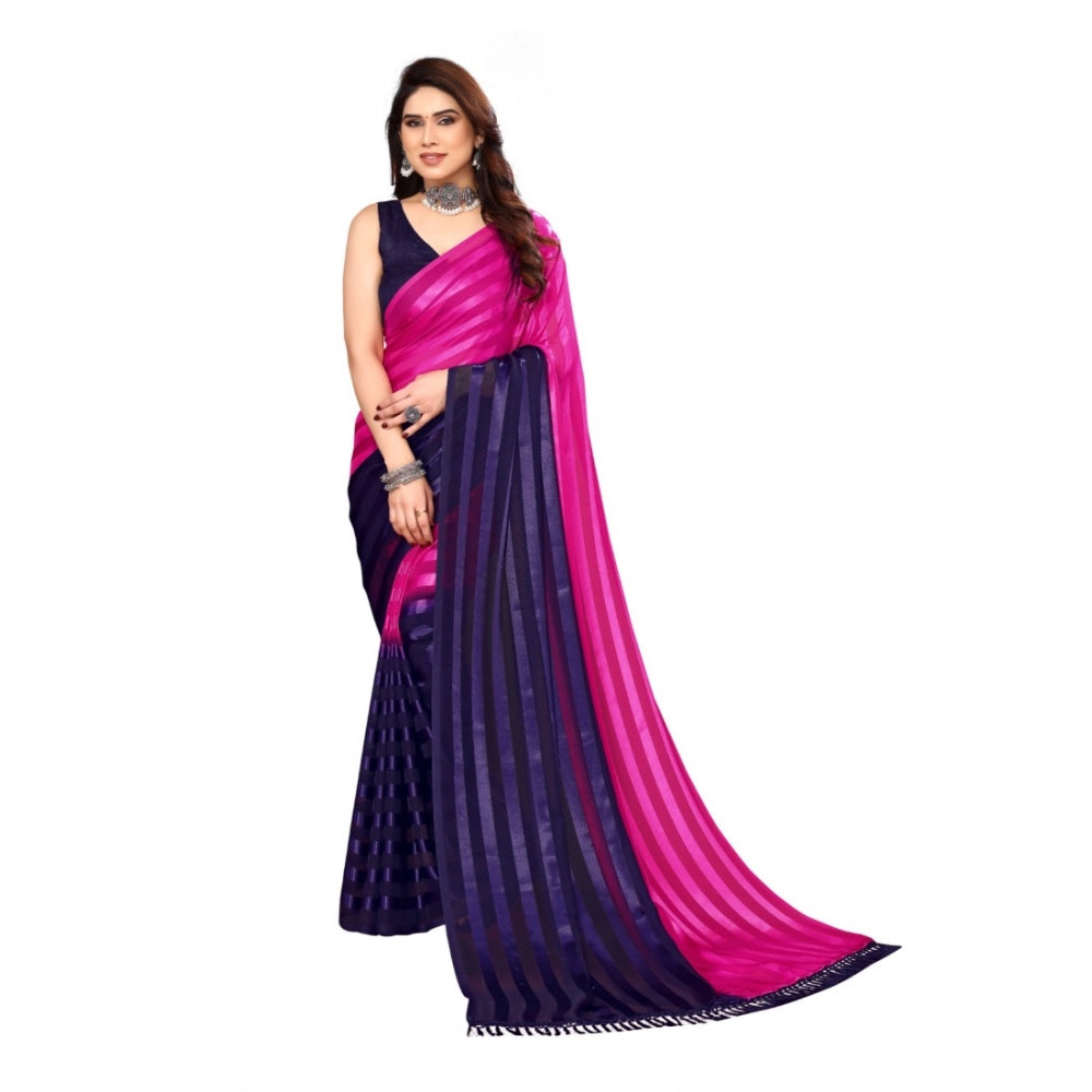 Generic Women's Embellished Striped Bollywood Satin Saree With Blouse (Pink, Dark Blue)