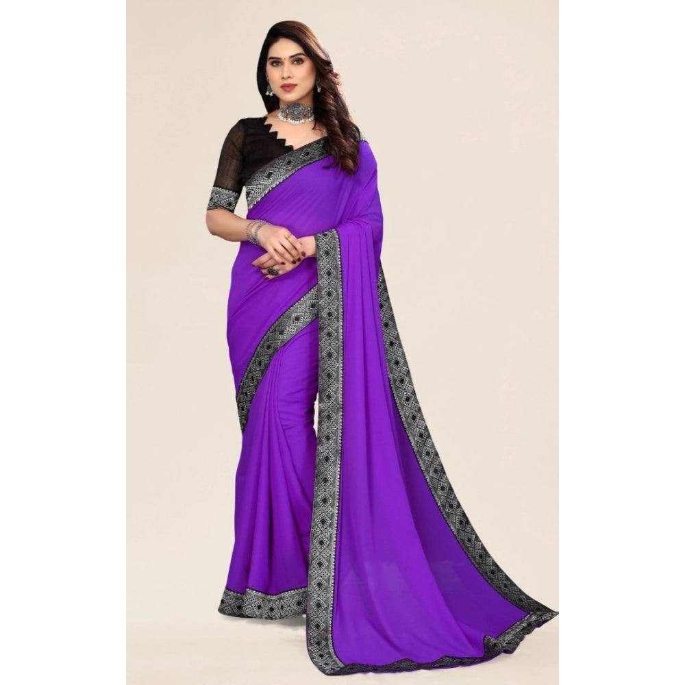 Generic Women's Embellished Plain Solid Bollywood Chiffon Saree With Blouse (Purple)