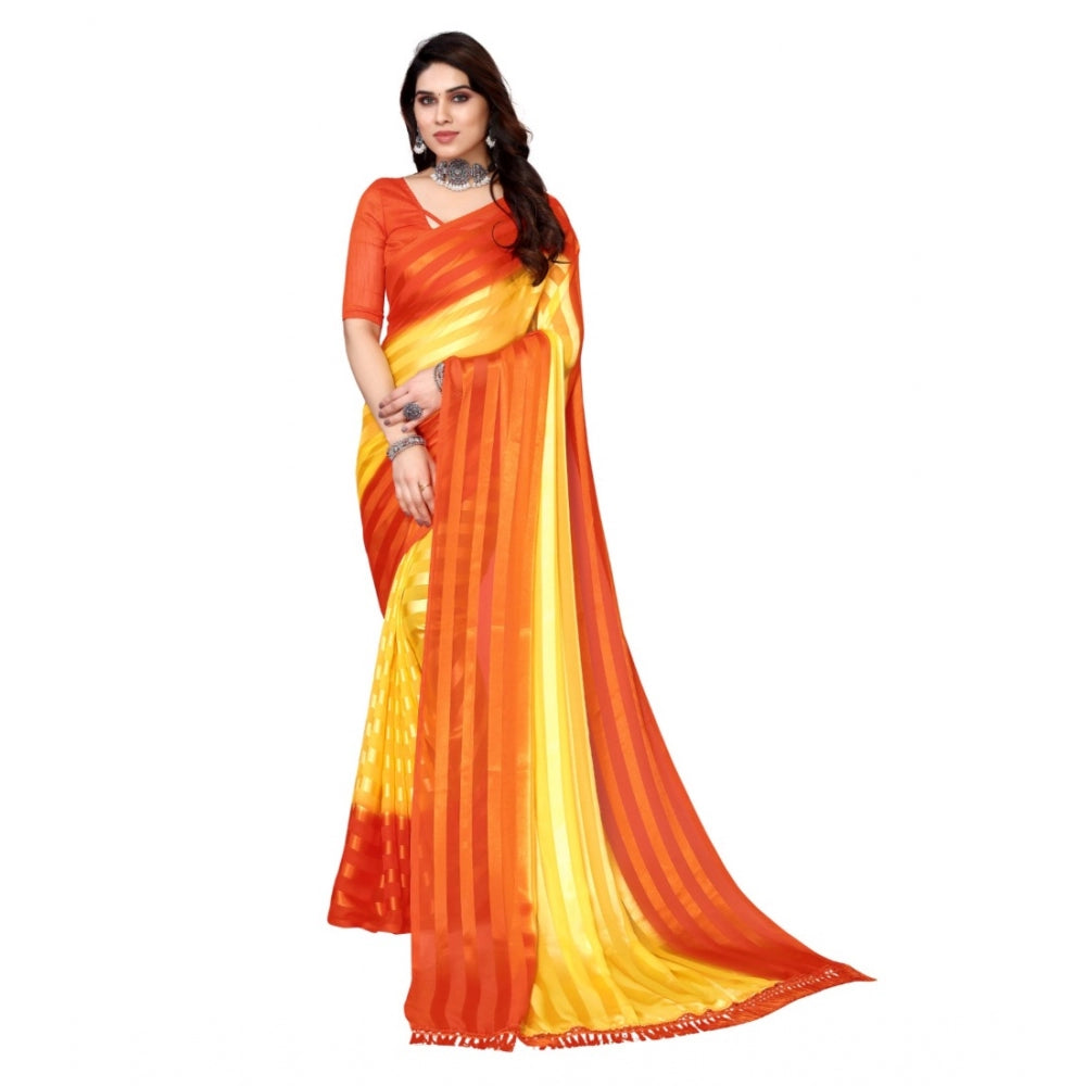 Generischer Bollywood-Satin-Sari mit Verzierung und Streifen und Bluse für Damen (Gelb, Orange)