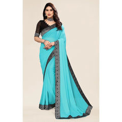 Generischer verzierter, schlichter, einfarbiger Bollywood-Chiffon-Sari für Damen mit Bluse (Himmelblau)