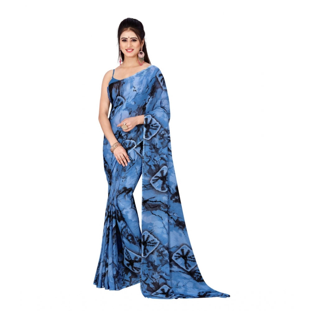 Generic Women's Poly Georgette Printed Saree Without Blouse (Blue)