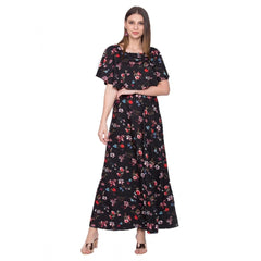 Generic Women's Crepe Floral Half Sleeves Full Length Gown(Black)