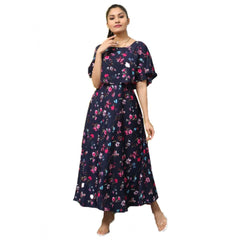 Generic Women's Crepe Floral Half Sleeves Full Length Gown(Dark Blue)