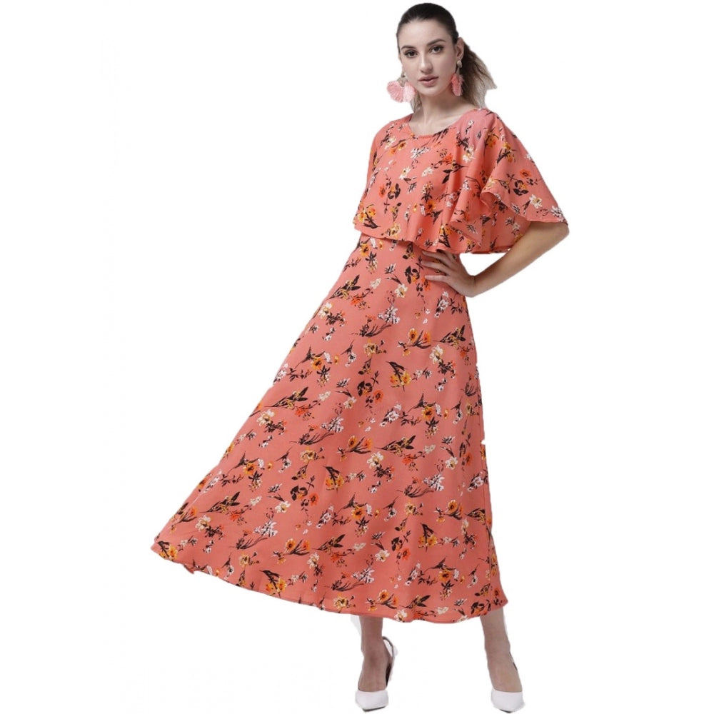 Generisches Damenkleid aus Crêpe mit Blumenmuster, halblangen Ärmeln (Orange)