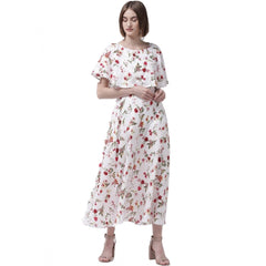 Generic Women's Crepe Floral Half Sleeves Full Length Gown(White)