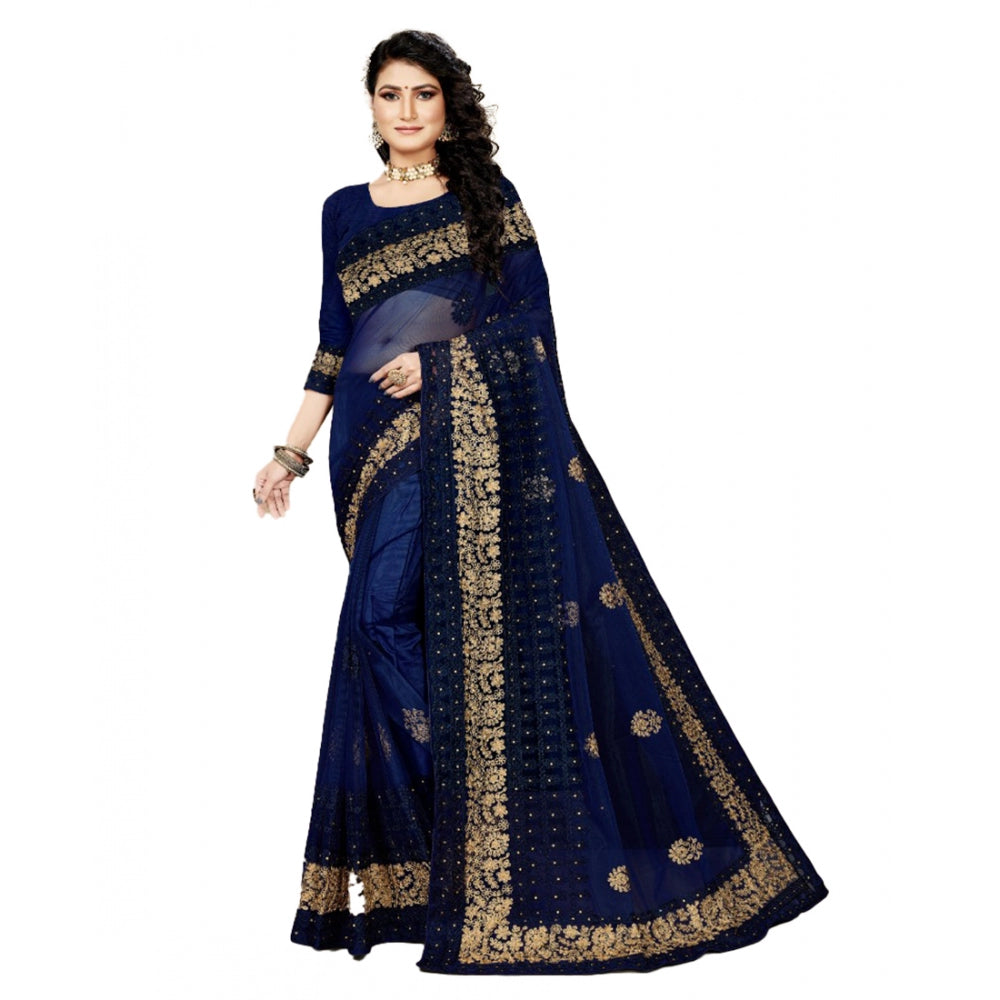 Generic Women's Net Saree With Blouse (Navy Blue, 5-6Mtrs)