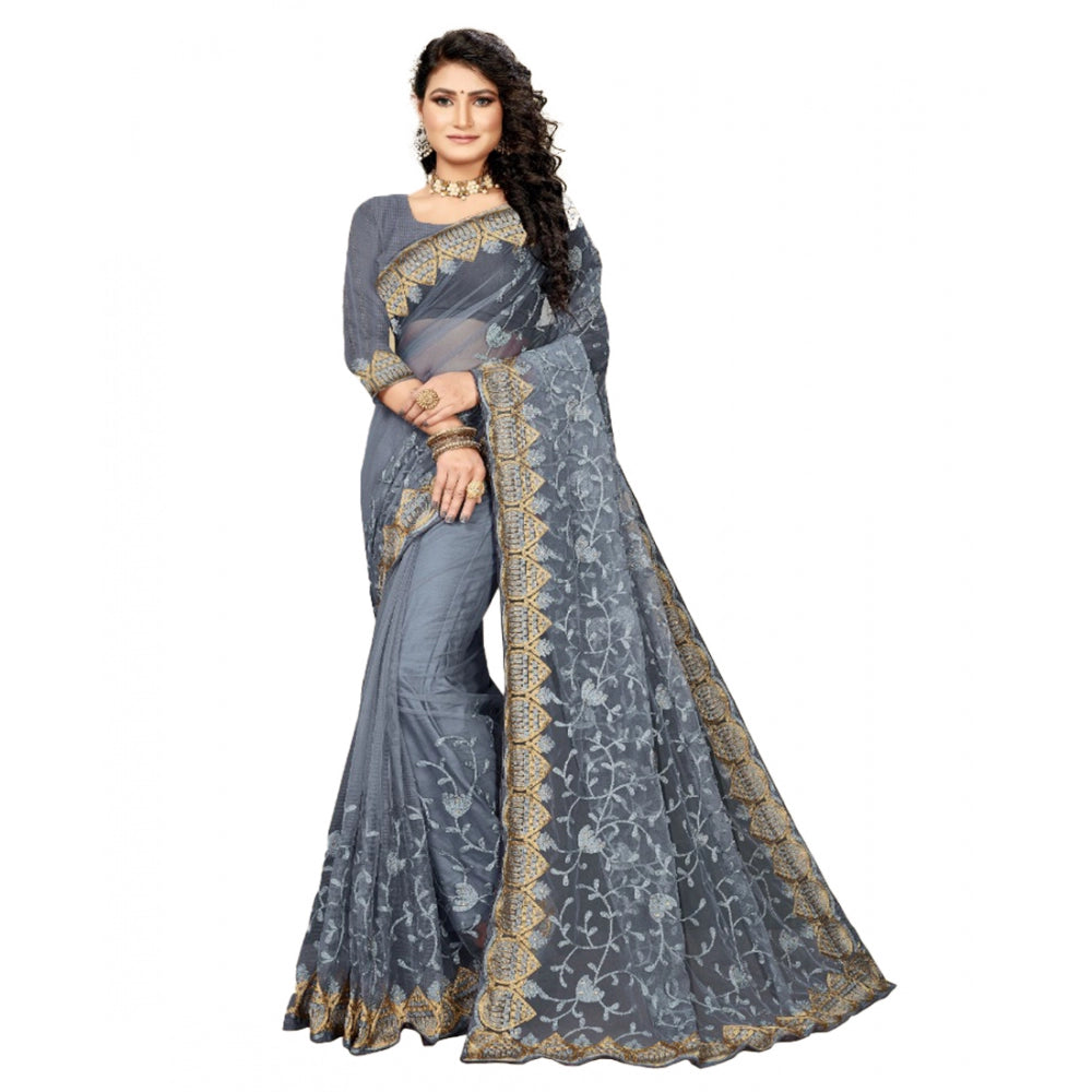 Generic Women's Net Saree With Blouse (Grey, 5-6Mtrs)