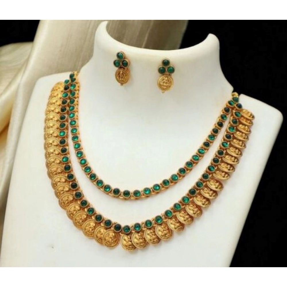 Generic Women's Ethnic Double Line Laxmi Coin Jewellery Set (Green, Free Size)