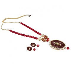 Generic Women's Stylish Maroon Golde Plated Traditional Kundan Necklace Set with Earrings (Color: Red)