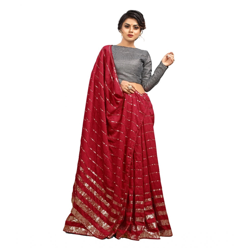 Generic Women's Vichitra Saree with Blouse (Red, 5-6 Mtrs)