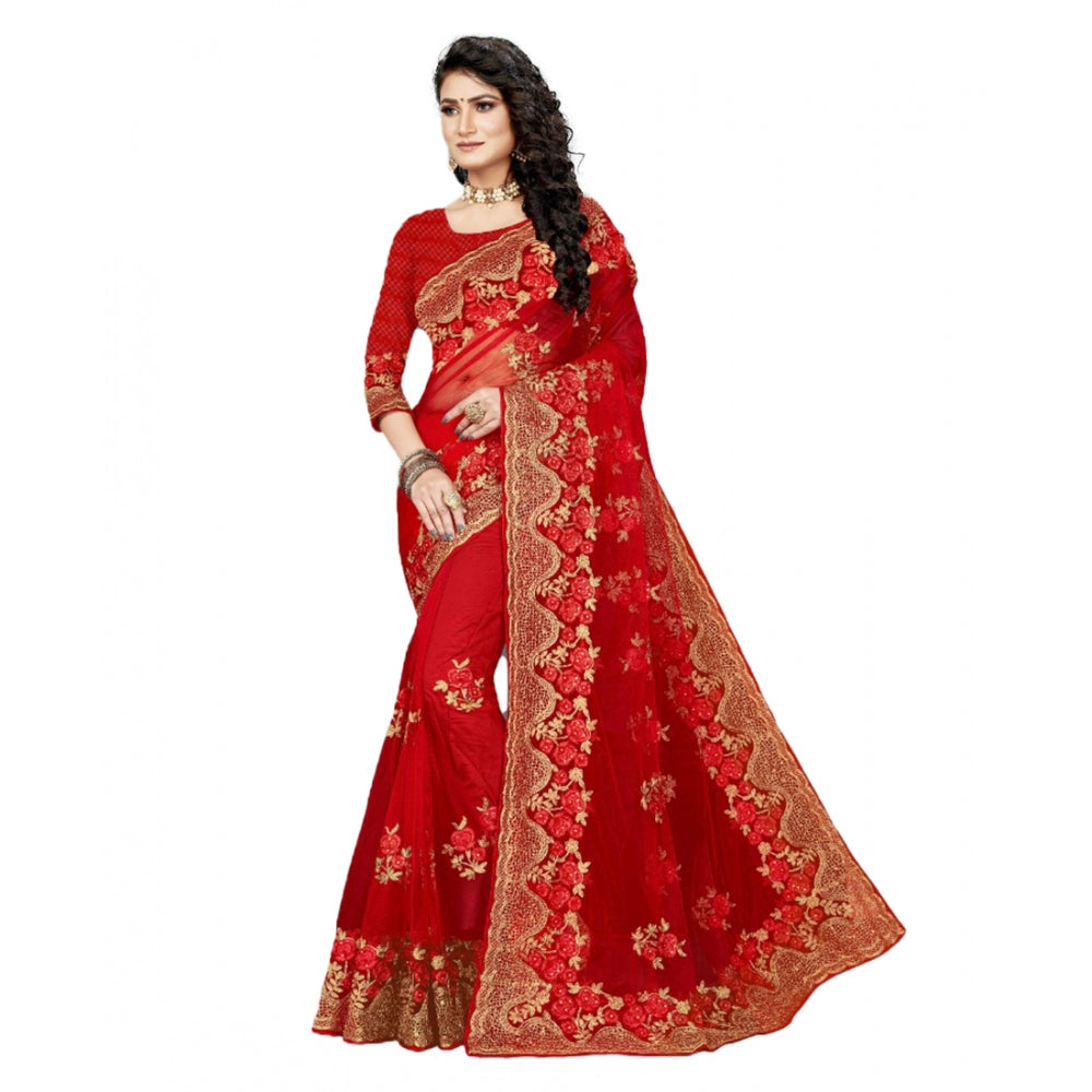 Generic Women's Net Saree With Blouse (Red, 5-6Mtrs)