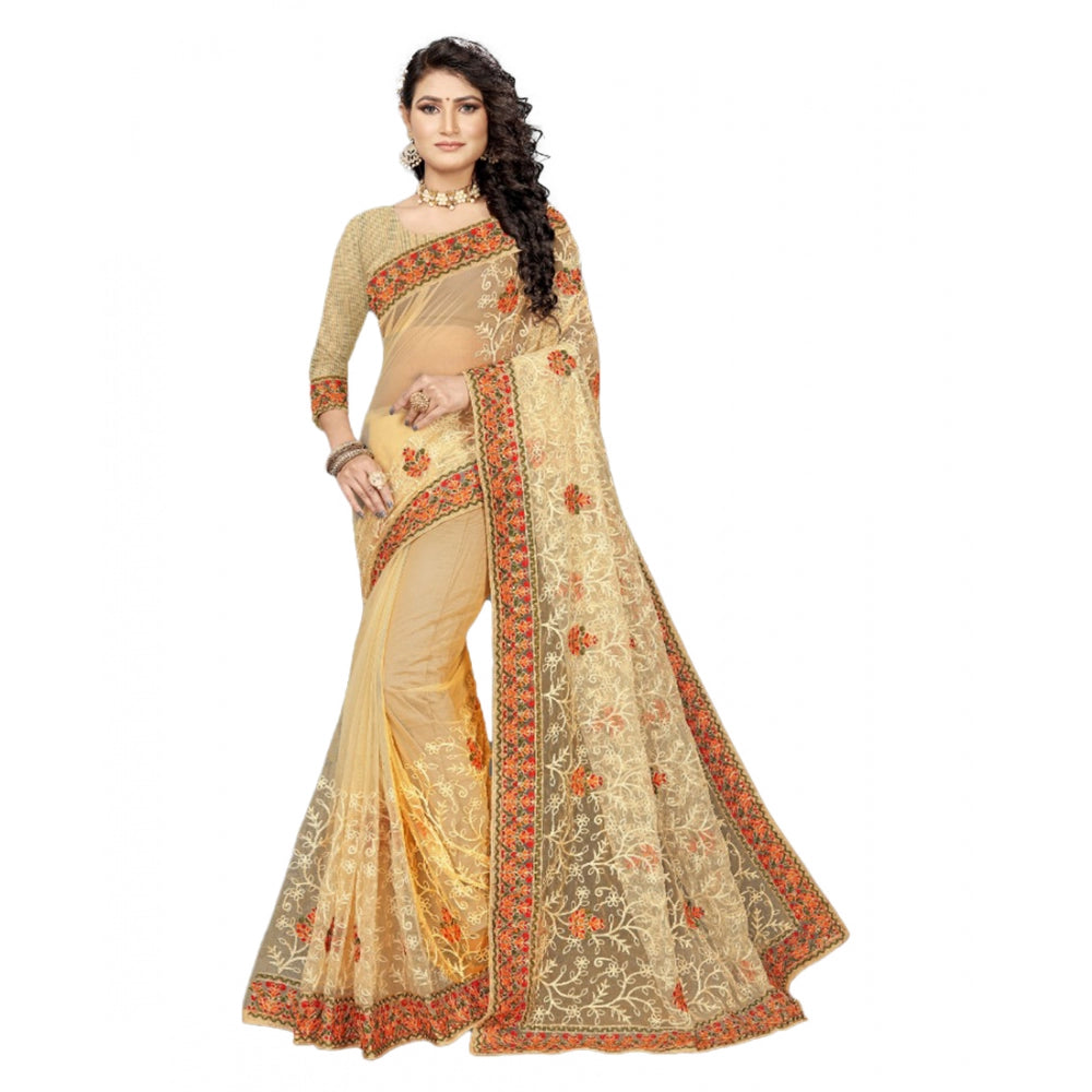 Generic Women's Net Saree With Blouse (Chiku, 5-6Mtrs)