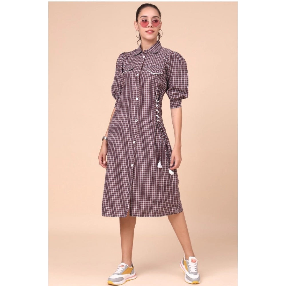 Generic Women's Cotton Check Printed Dresses (Dark Pink)