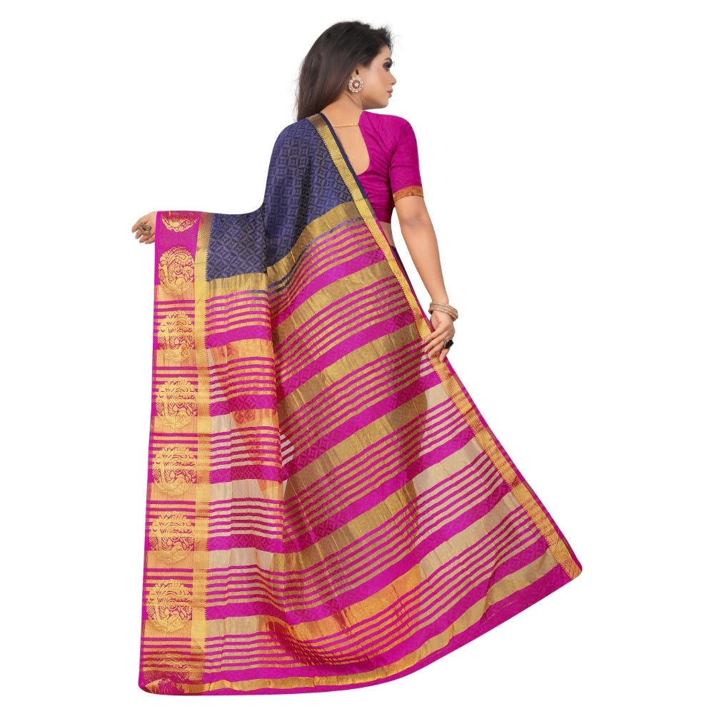 Generic Women's Kanjivaram Silk Saree With Unstitched Blouse Piece (Navy Blue, 5-6 Mtrs)