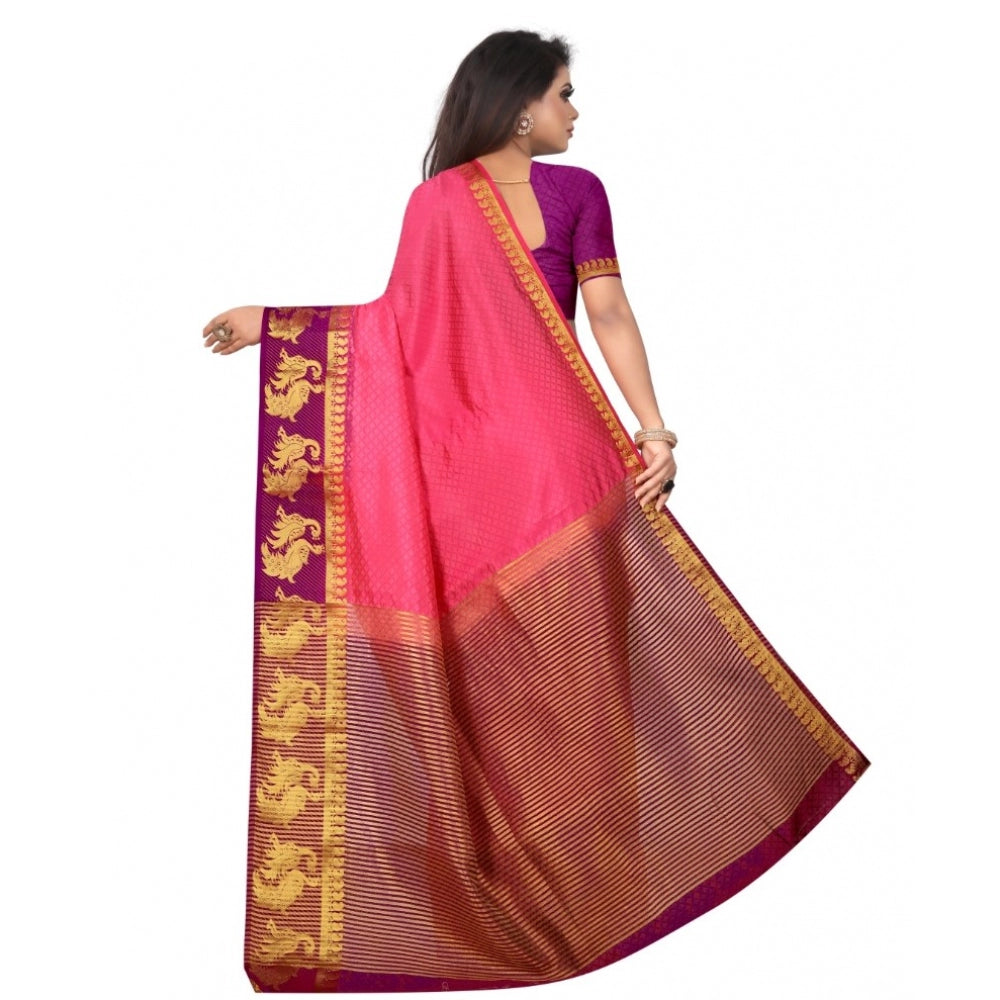 Generic Women's Kanjivaram Silk Saree With Unstitched Blouse Piece (Peach, 5-6 Mtrs)