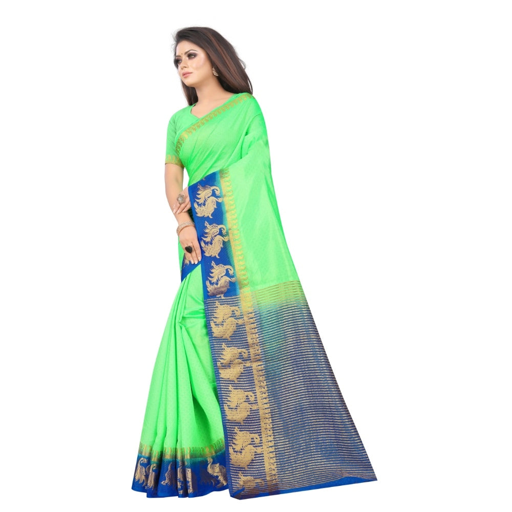 Generic Women's Kanjivaram Silk Saree With Unstitched Blouse Piece (Light Green, 5-6 Mtrs)