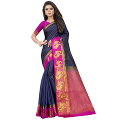 Generic Women's Kanjivaram Silk Saree With Unstitched Blouse Piece (Navy Blue, 5-6 Mtrs)