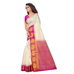 Generic Women's Kanjivaram Silk Saree With Unstitched Blouse Piece (White, 5-6 Mtrs)