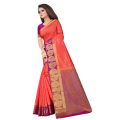 Generic Women's Kanjivaram Silk Saree With Unstitched Blouse Piece (Peach, 5-6 Mtrs)