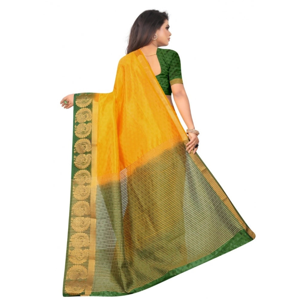 Generic Women's Kanjivaram Silk Saree With Unstitched Blouse Piece (Yellow, 5-6 Mtrs)