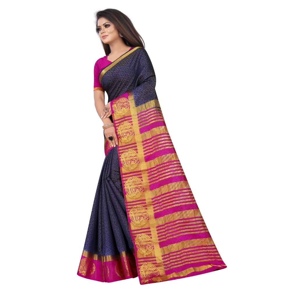 Generic Women's Kanjivaram Silk Saree With Unstitched Blouse Piece (Navy Blue, 5-6 Mtrs)