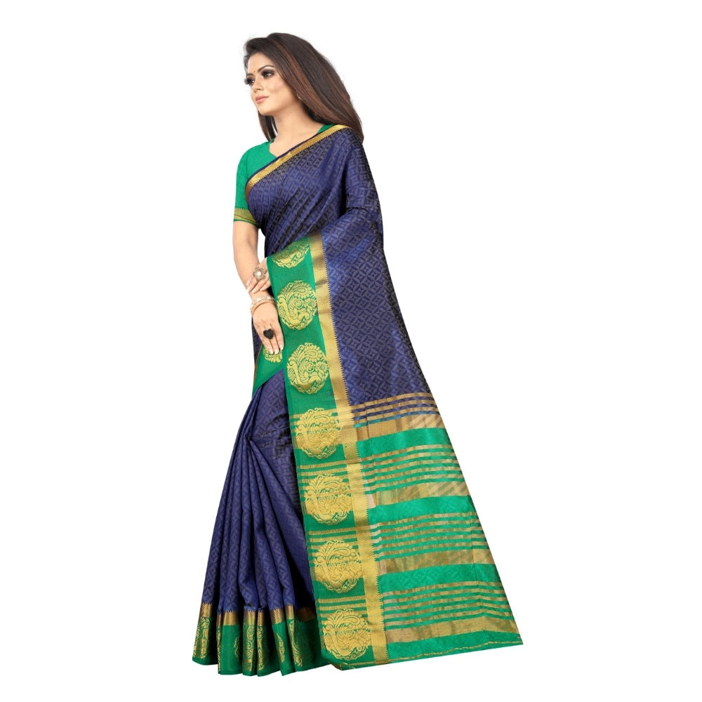 Generic Women's Kanjivaram Silk Saree With Unstitched Blouse Piece (Blue, 5-6 Mtrs)