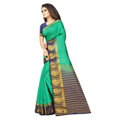 Generic Women's Kanjivaram Silk Saree With Unstitched Blouse Piece (Turquoise Green, 5-6 Mtrs)