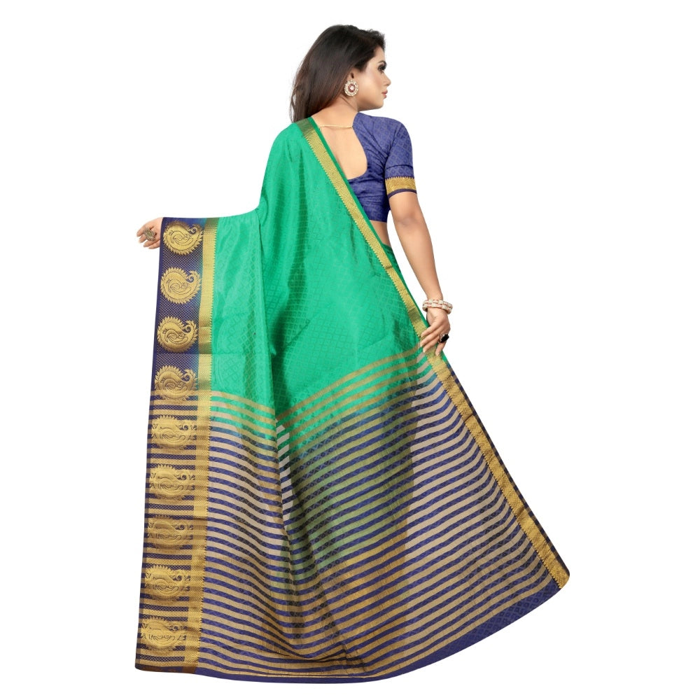 Generic Women's Kanjivaram Silk Saree With Unstitched Blouse Piece (Turquoise Green, 5-6 Mtrs)