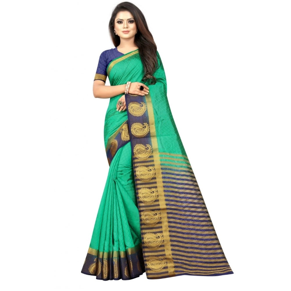 Generic Women's Kanjivaram Silk Saree With Unstitched Blouse Piece (Turquoise Green, 5-6 Mtrs)