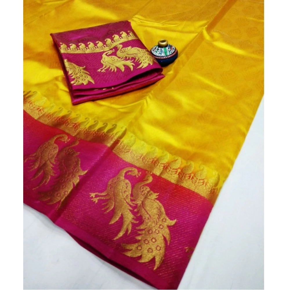 Generic Women's Kanjivaram Silk Saree With Unstitched Blouse Piece (Yellow, 5-6 Mtrs)