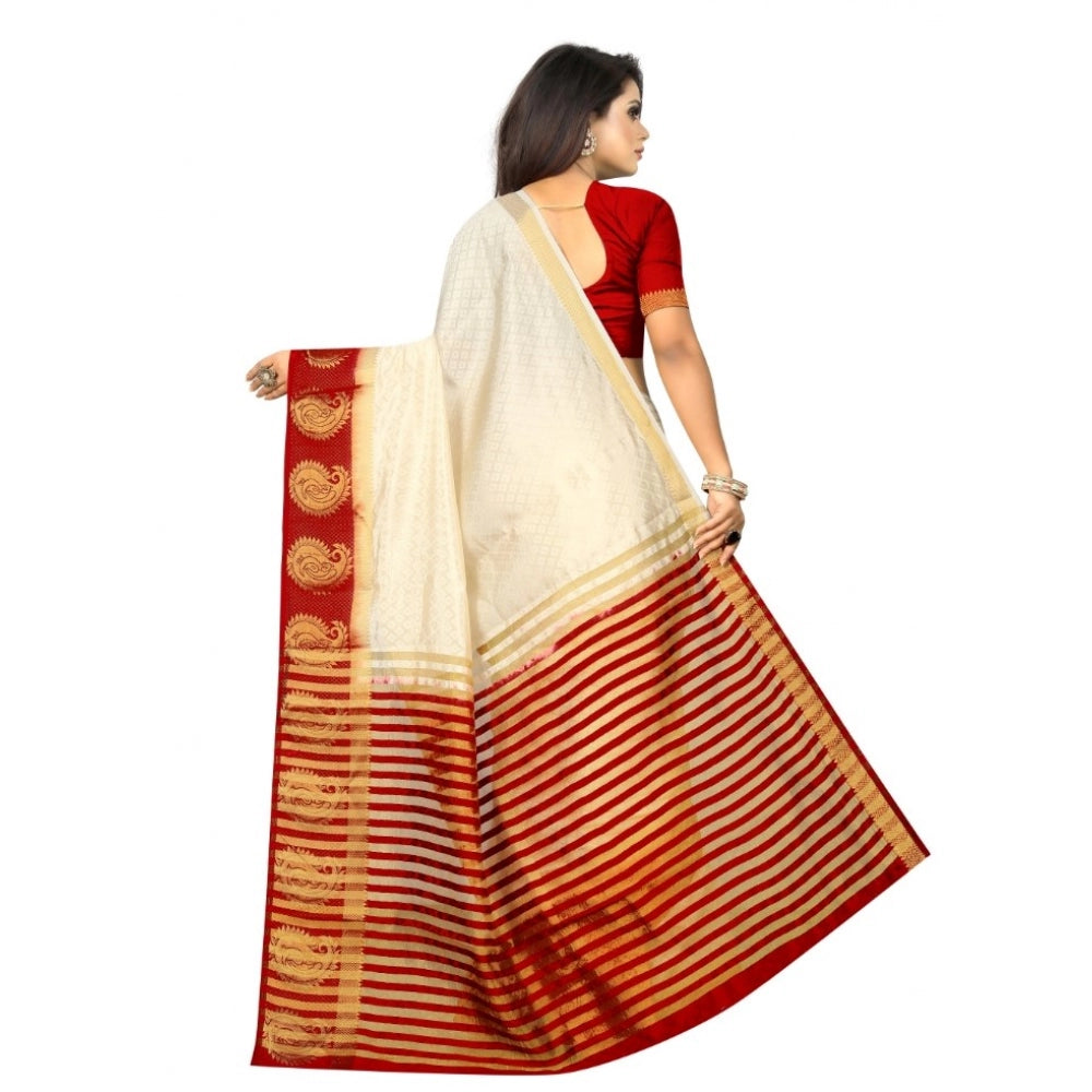 Generic Women's Kanjivaram Silk Saree With Unstitched Blouse Piece (White, 5-6 Mtrs)