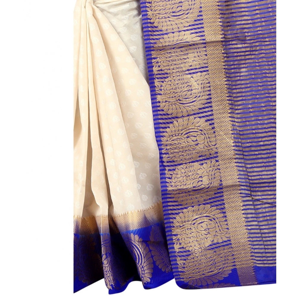 Generic Women's Kanjivaram Silk Saree With Unstitched Blouse Piece (White, 5-6 Mtrs)