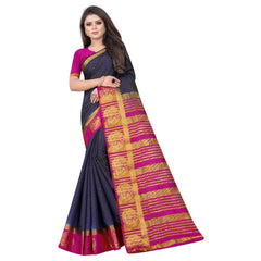 Generic Women's Kanjivaram Silk Saree With Unstitched Blouse Piece (Navy Blue, 5-6 Mtrs)