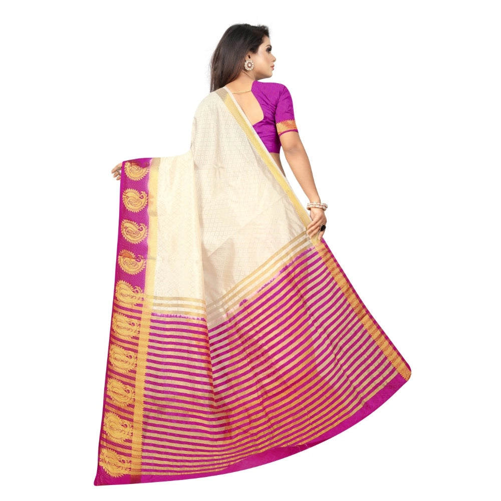 Generic Women's Kanjivaram Silk Saree With Unstitched Blouse Piece (White, 5-6 Mtrs)