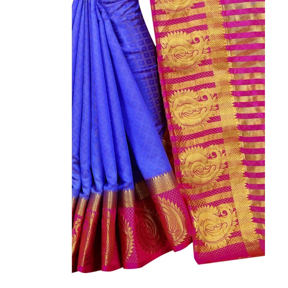 Generic Women's Kanjivaram Silk Saree With Unstitched Blouse Piece (Blue, 5-6 Mtrs)