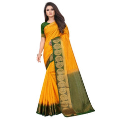 Generic Women's Kanjivaram Silk Saree With Unstitched Blouse Piece (Yellow, 5-6 Mtrs)