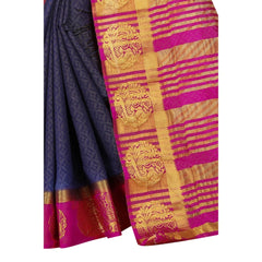 Generic Women's Kanjivaram Silk Saree With Unstitched Blouse Piece (Navy Blue, 5-6 Mtrs)