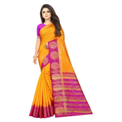 Generic Women's Kanjivaram Silk Saree With Unstitched Blouse Piece (Yellow, 5-6 Mtrs)