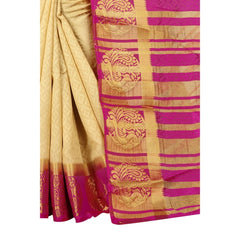 Generic Women's Kanjivaram Silk Saree With Unstitched Blouse Piece (Beige, 5-6 Mtrs)