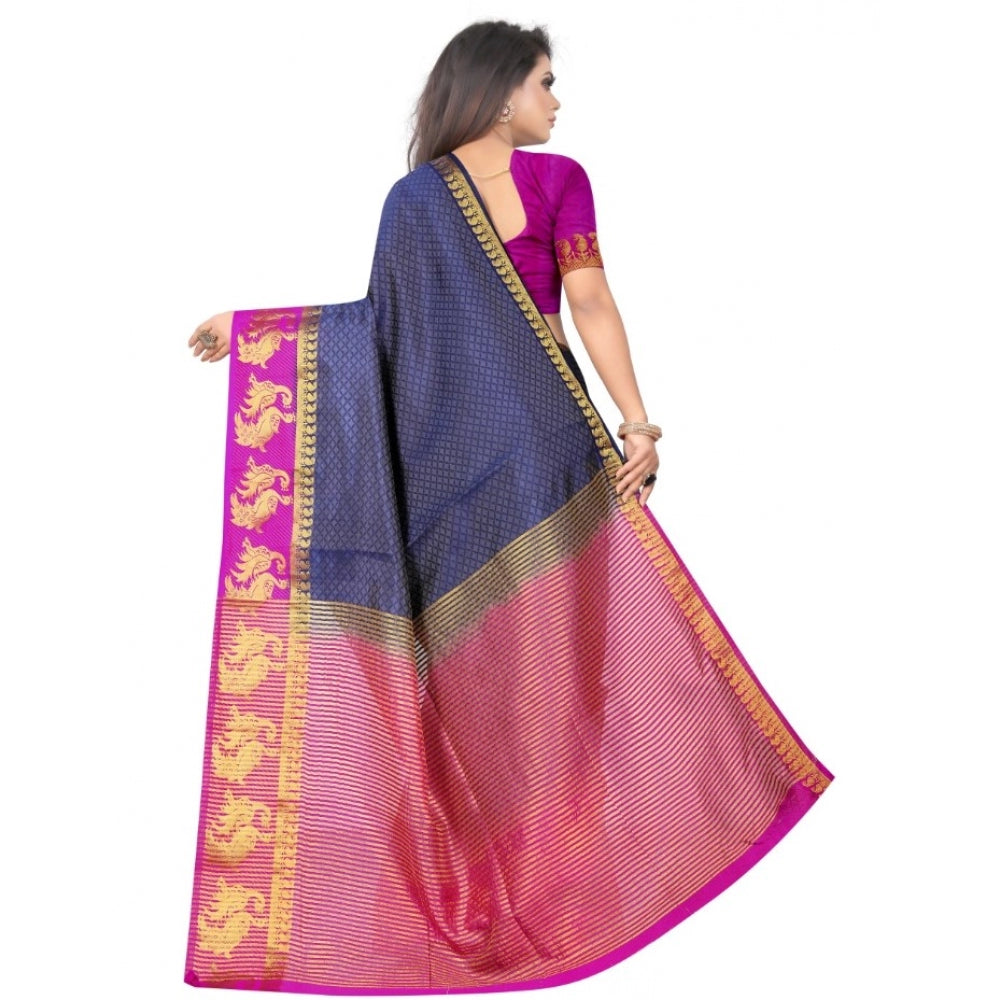 Generic Women's Kanjivaram Silk Saree With Unstitched Blouse Piece (Navy Blue, 5-6 Mtrs)