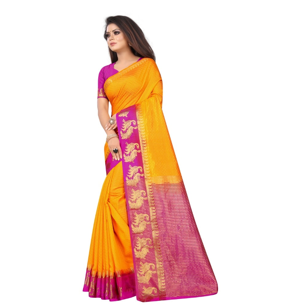 Generic Women's Kanjivaram Silk Saree With Unstitched Blouse Piece (Yellow, 5-6 Mtrs)