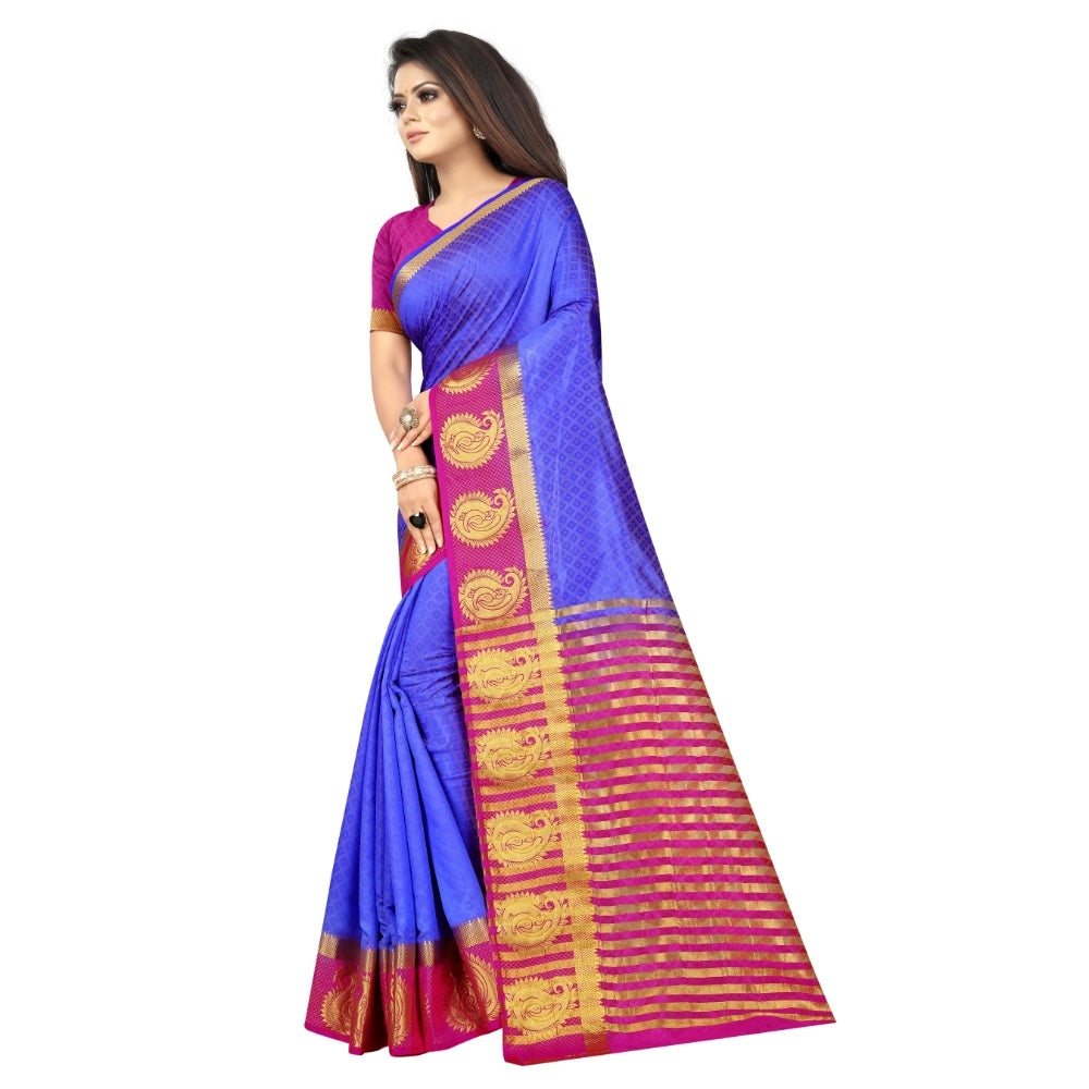 Generic Women's Kanjivaram Silk Saree With Unstitched Blouse Piece (Blue, 5-6 Mtrs)