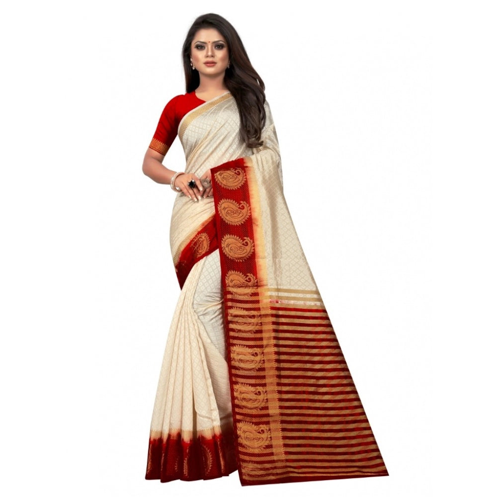 Generic Women's Kanjivaram Silk Saree With Unstitched Blouse Piece (White, 5-6 Mtrs)