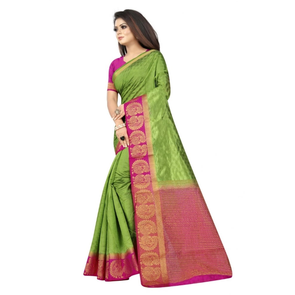 Generic Women's Kanjivaram Silk Saree With Unstitched Blouse Piece (Green, 5-6 Mtrs)