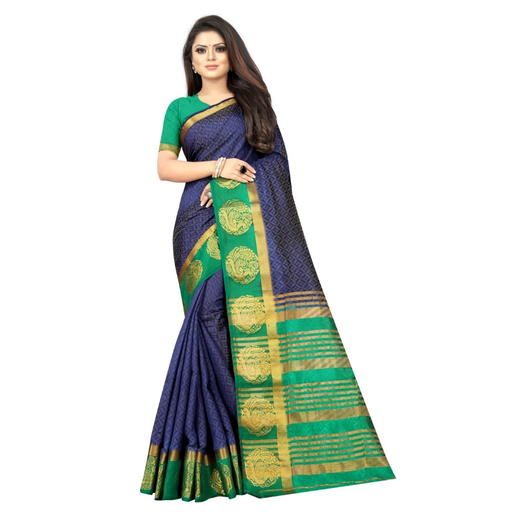 Generic Women's Kanjivaram Silk Saree With Unstitched Blouse Piece (Blue, 5-6 Mtrs)