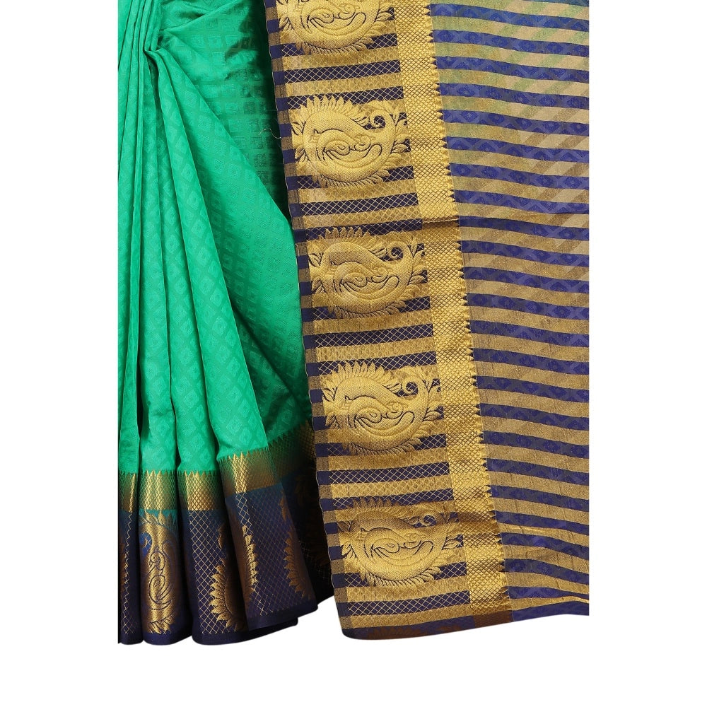 Generic Women's Kanjivaram Silk Saree With Unstitched Blouse Piece (Turquoise Green, 5-6 Mtrs)